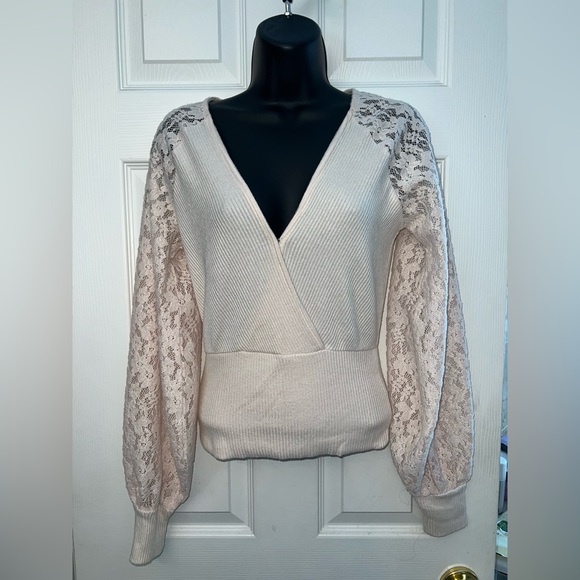Anthropologie Lace Sleeve Ribbed Knit Surplice Cream Wrap Sweater Sz XS - Picture 1 of 5
